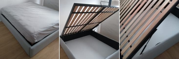 cama baulera en mdf tapizada ecocuero 2 plazas elevable con amortiguadores